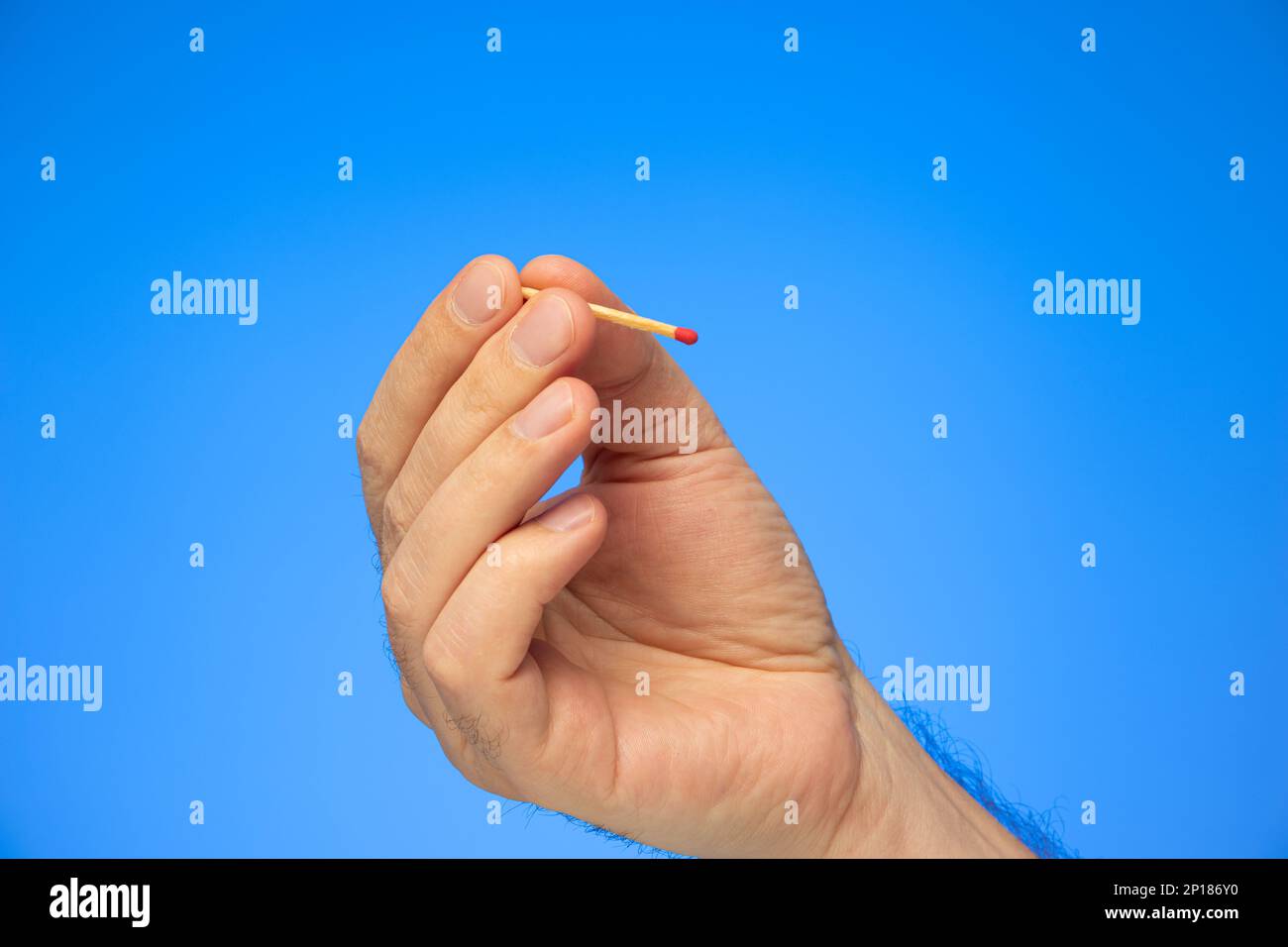 New unlit matchstick held in hand by Caucasian male hand studio shot ...