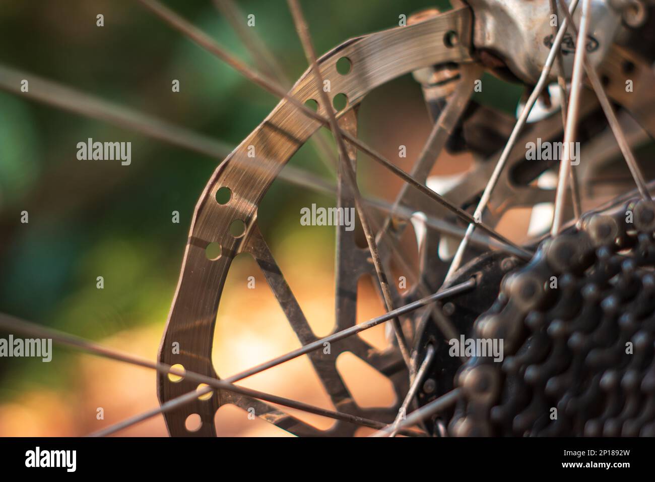 Mountain bike used and dirty gear cassette cogs macro close up shot outside Stock Photo