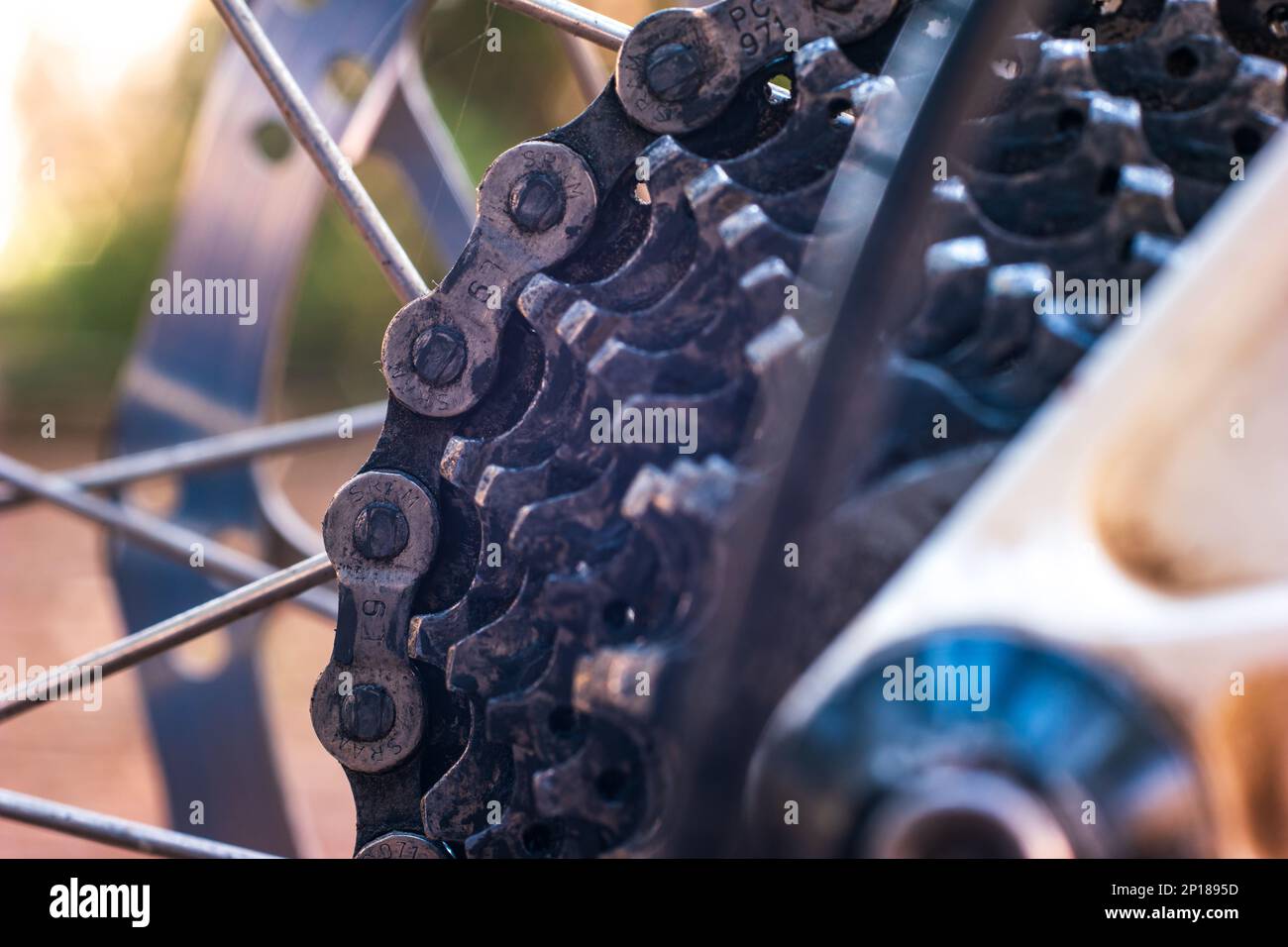 Mountain bike used and dirty gear cassette cogs macro close up shot outside Stock Photo