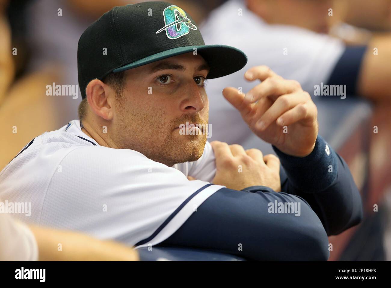 17 JUN 2016: Brad Miller of the Rays sporting the Orlando Rays hat in honor  of the victims from Sunday's tragedy in Orlando before the regular season  game between the San Francisco