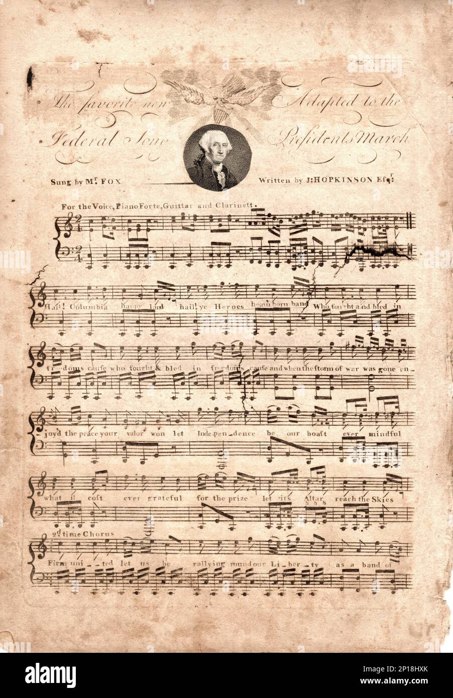 First Edition of Hail Columbia, 1798 Illustrated sheet music Stock Photo