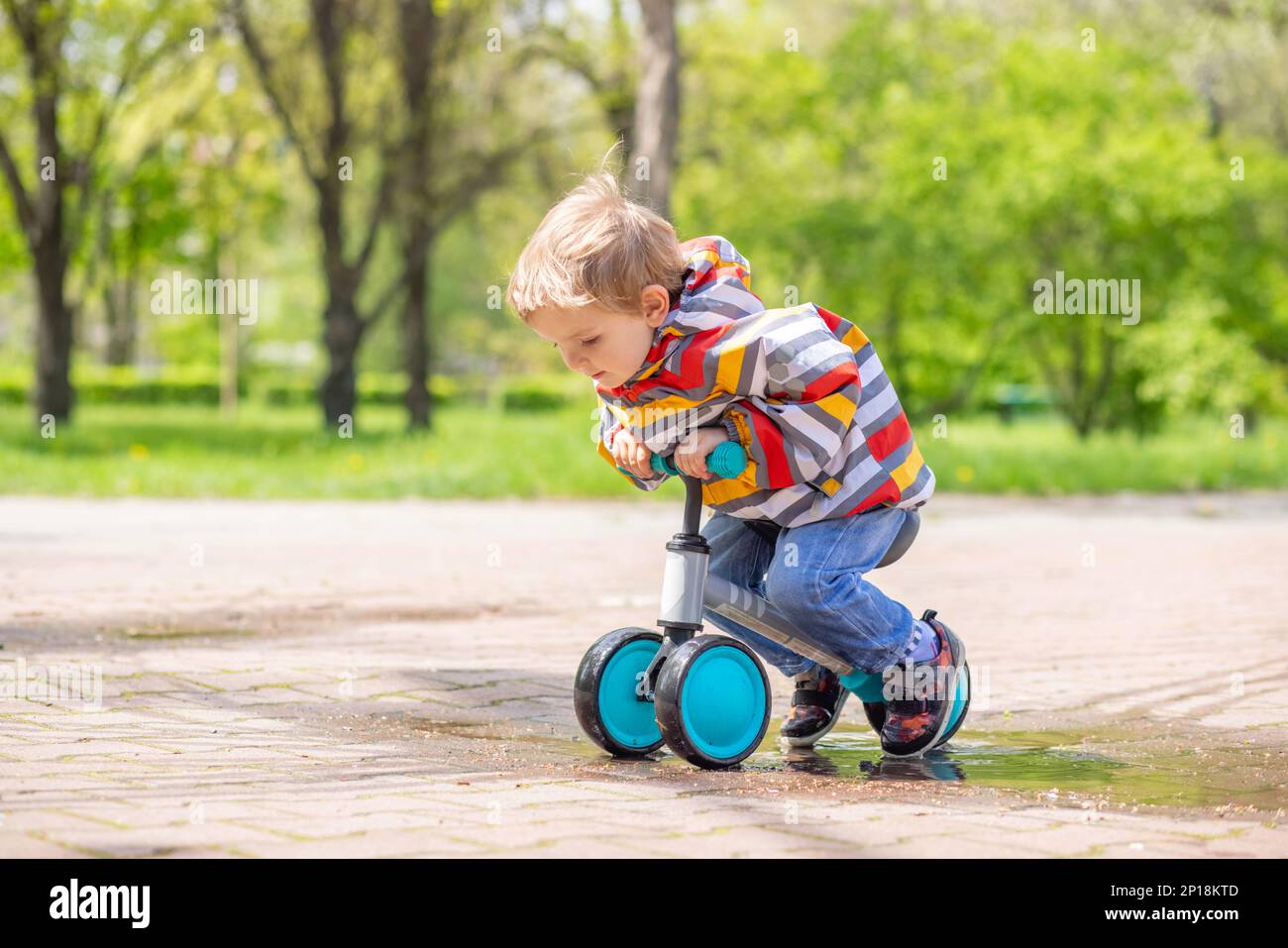 Active blond boy riding balance bike or run bike outdoor park Stock ...
