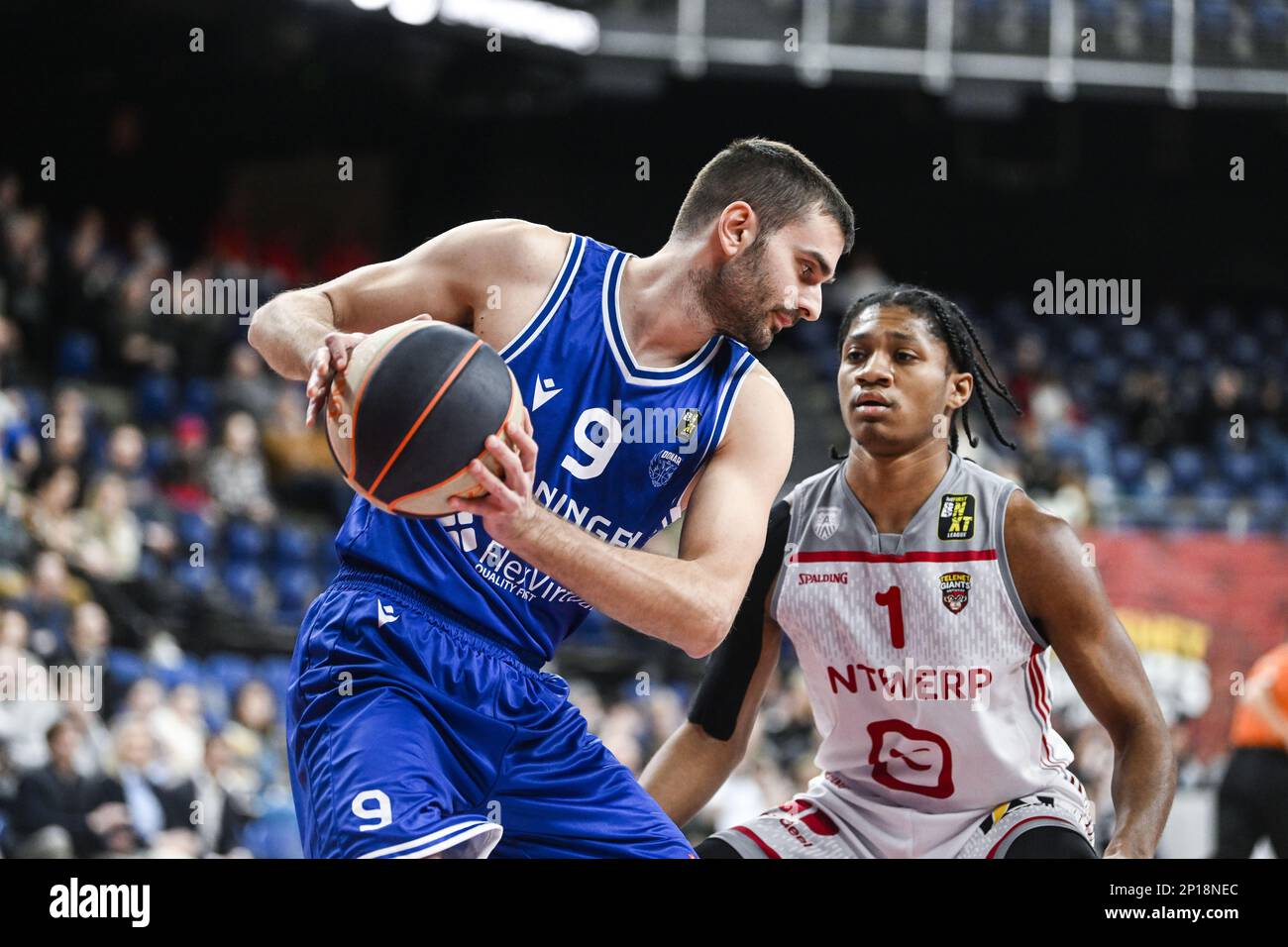 Groningen's Andrej Magdevski and Antwerp's Brandon Anderson pictured in
