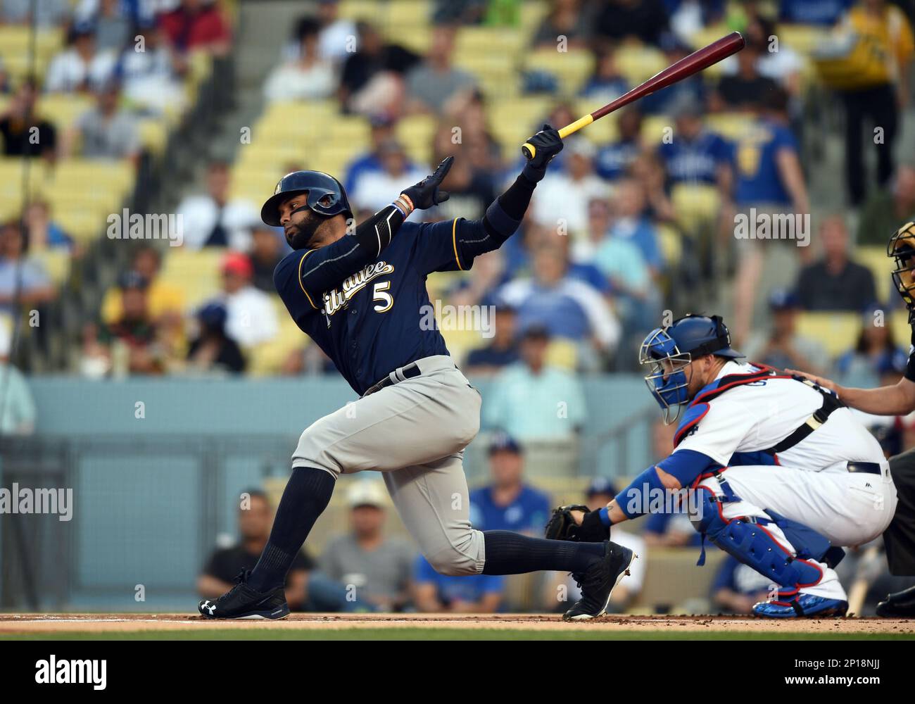 17 June 2016: Milwaukee Brewers Infield Aaron Hill (9) [4171] rounds second  during a Major League Baseball game between the Milwaukee Brewers and the  Los Angeles Dodgers at Dodger Stadium in Los