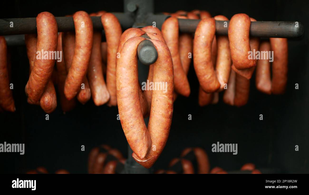 Sausage lamb red smokehouse smoked on beech wood slaughter traditional Italy household detail