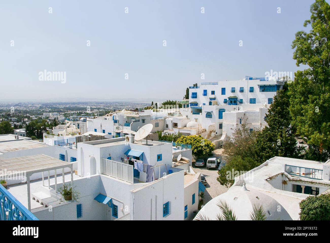 Panorama view of Sidi Bou Said, tunisian town with houses colored in