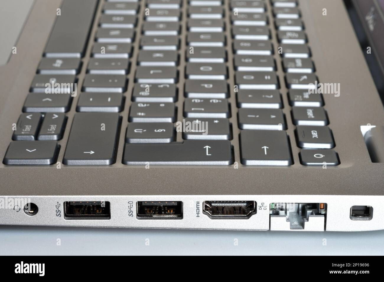 Detail of headphone jacks, usb ports, hdmi and rj45 lan port on the