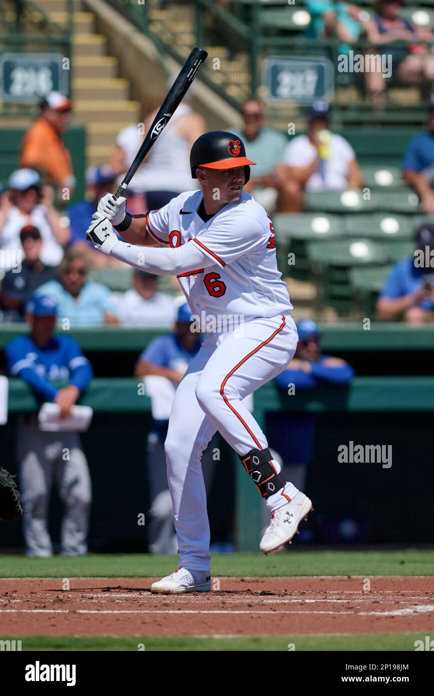 Baltimore Orioles Ryan Mountcastle (6) bats during a spring training
