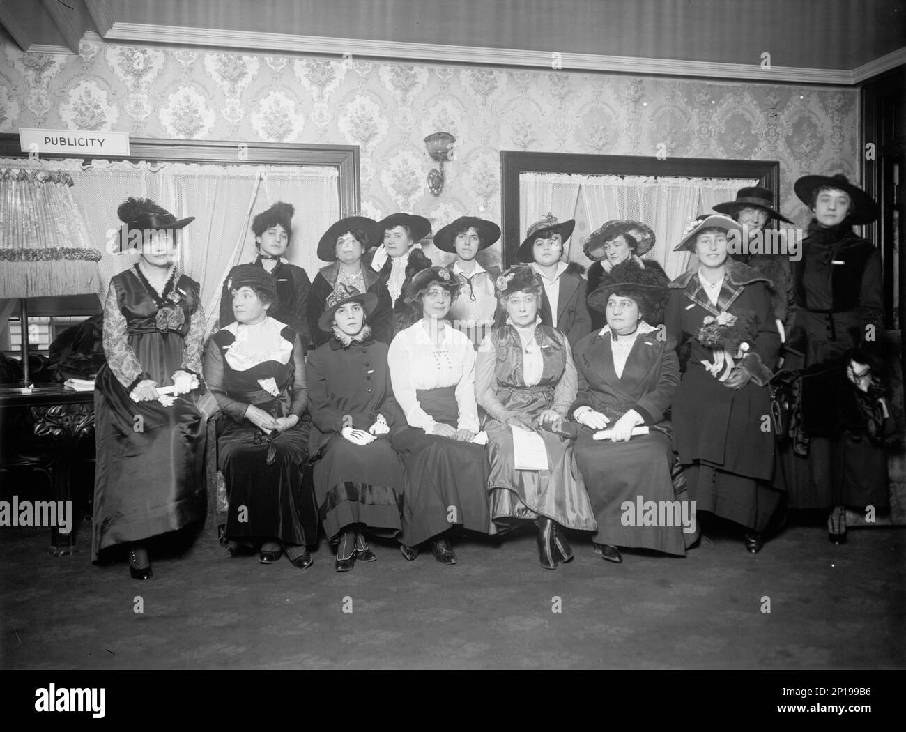 Pan American Scientific Congress - Ladies Who Were Aides at The Congress. Seated Front: Miss Arivero of Cuba; Miss Maud Scruggs, U.S.; Miss Morales, Panama; Mrs. T.C. Dawson, U.S.; Madame Mansanto, Venezuela; Miss Y. Cortina, Cuba. Standing Rear: Mrs. R.H. Verfeld, Manila; Mrs. E.M. Amores, Cuba,; Mrs. C.L. G., 1915. Stock Photo