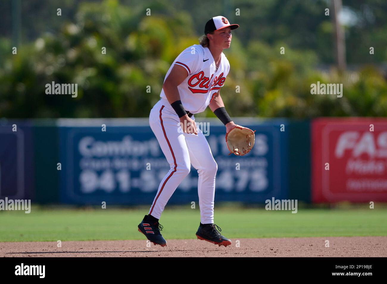 Baltimore Orioles Jackson Holliday (87) on deck during a spring training  baseball game against the Toronto Blue Jays on March 1, 2023 at Ed Smith  Stadium in Sarasota, Florida. (Mike Janes/Four Seam