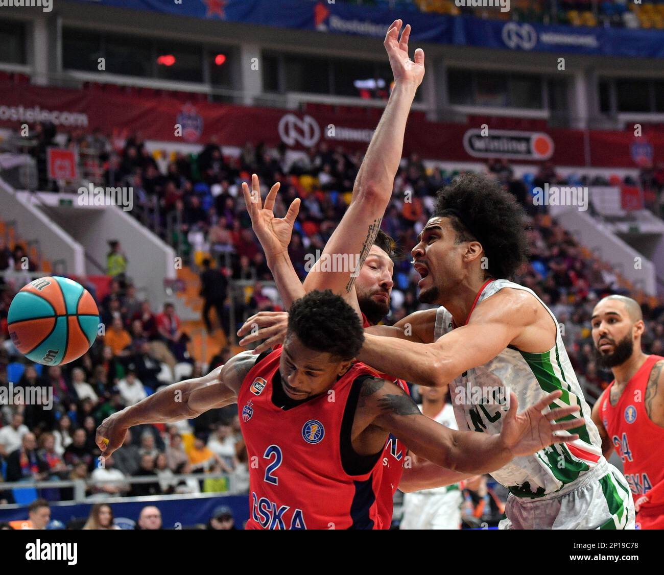 VTB United League 2022/2023. Basketball match between CSKA (Moscow) and  UNICS (Kazan) at the Megasport stadium. From left to right: CSKA team  players Casper Ware, Nikita Kurbanov and UNICS team player Louis