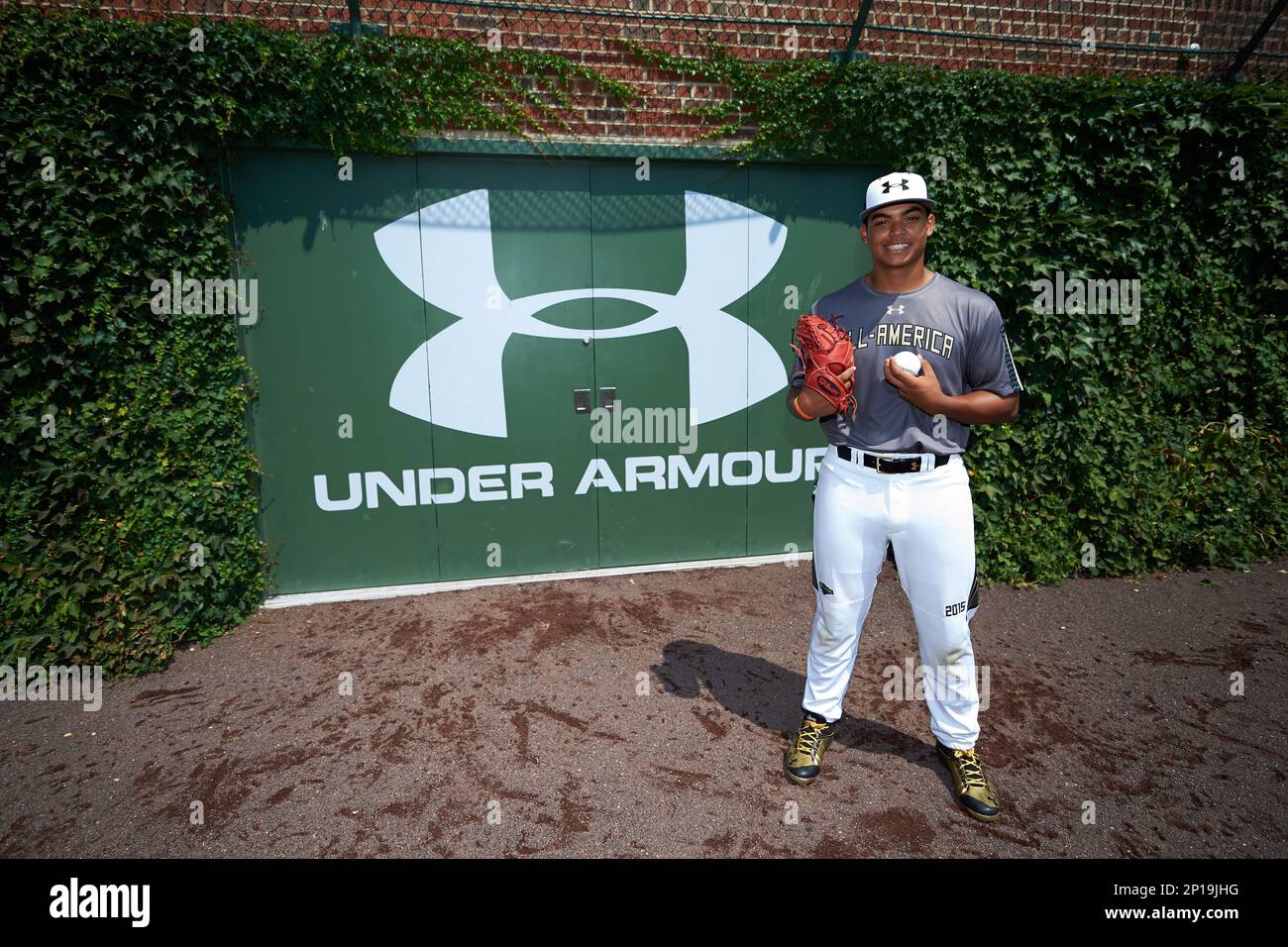 Jesus Luzardo (9) of Marjory Stoneman Douglas High School in Parkland,  Florida poses for a photo before the Under Armour All-American Game on  August 15, 2015 at Wrigley Field in Chicago, Illinois. (