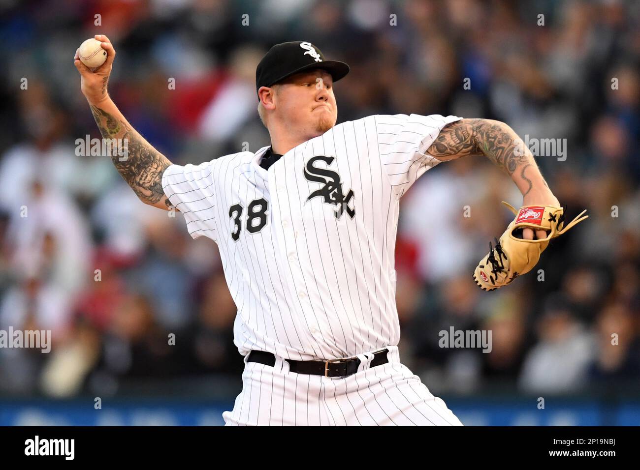 07 June 2016: Chicago White Sox Starting pitcher Mat Latos (38) [7517]  pitches during a game between the Washington Nationals and the Chicago  White Sox at US Cellular Field in Chicago, IL. (
