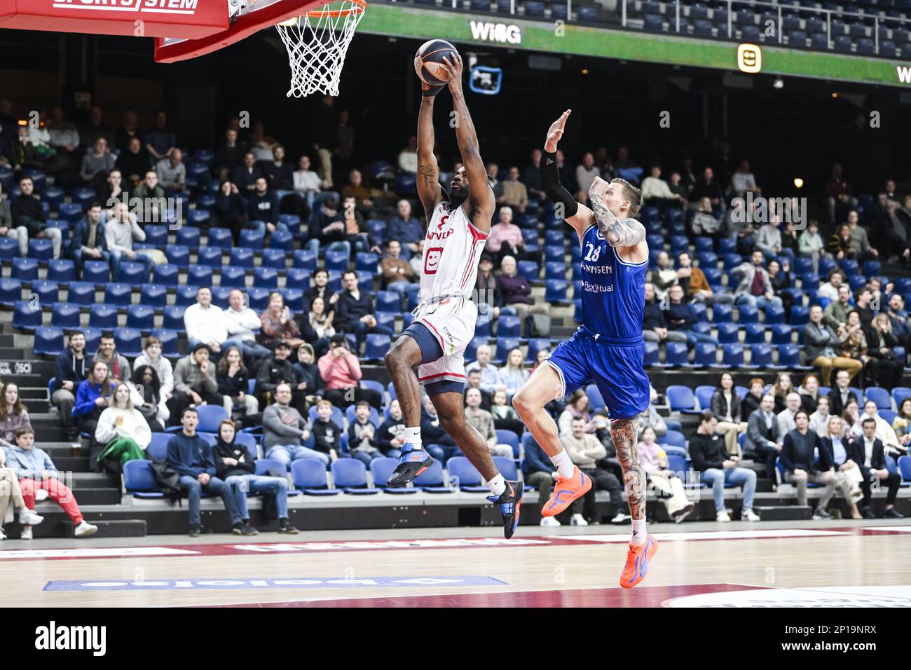 Antwerp's Desonta Bradford and Groningen's Viktor Gaddefors pictured in