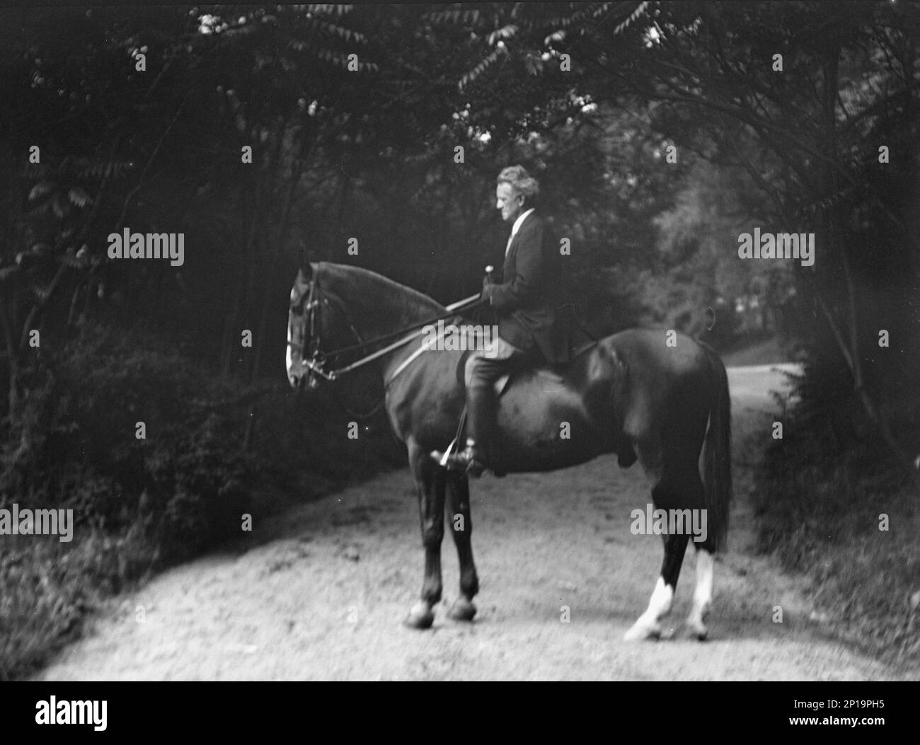 Arnold Genthe riding Chesty, between 1911 and 1936. Stock Photo