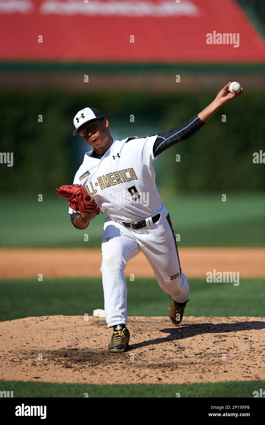 Jesus Luzardo (9) of Marjory Stoneman Douglas High School in Parkland,  Florida during the Under Armour All-American Game on August 15, 2015 at  Wrigley Field in Chicago, Illinois. (Mike Janes/Four Seam Images