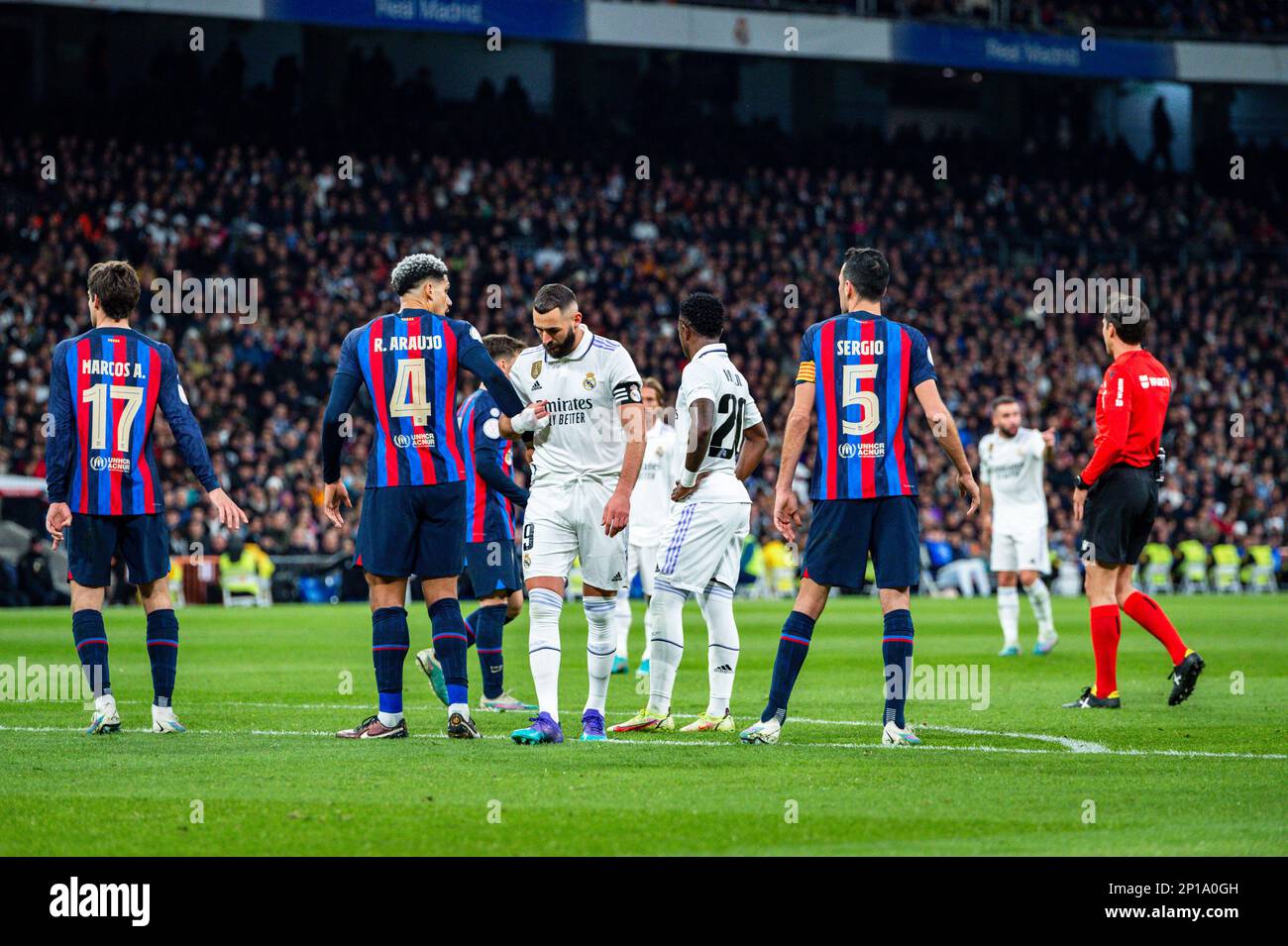 Ronald Araujo (Barcelona) and Karim Benzema (Real Madrid) during the football match between&#xA;Real Madrid and Barcelona valid for the semifinal of t Stock Photo