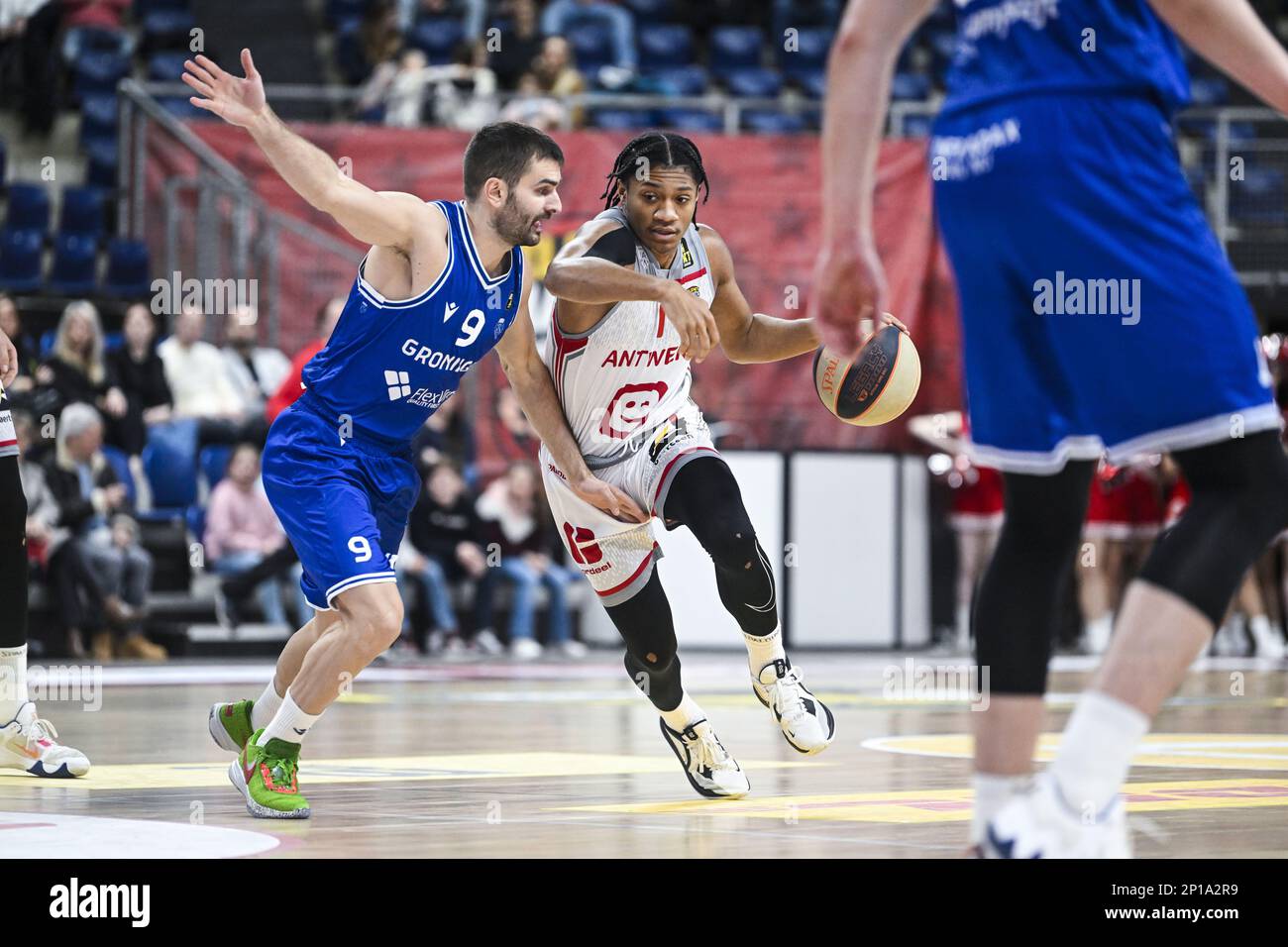 Groningen's Andrej Magdevski and Antwerp's Brandon Anderson pictured in