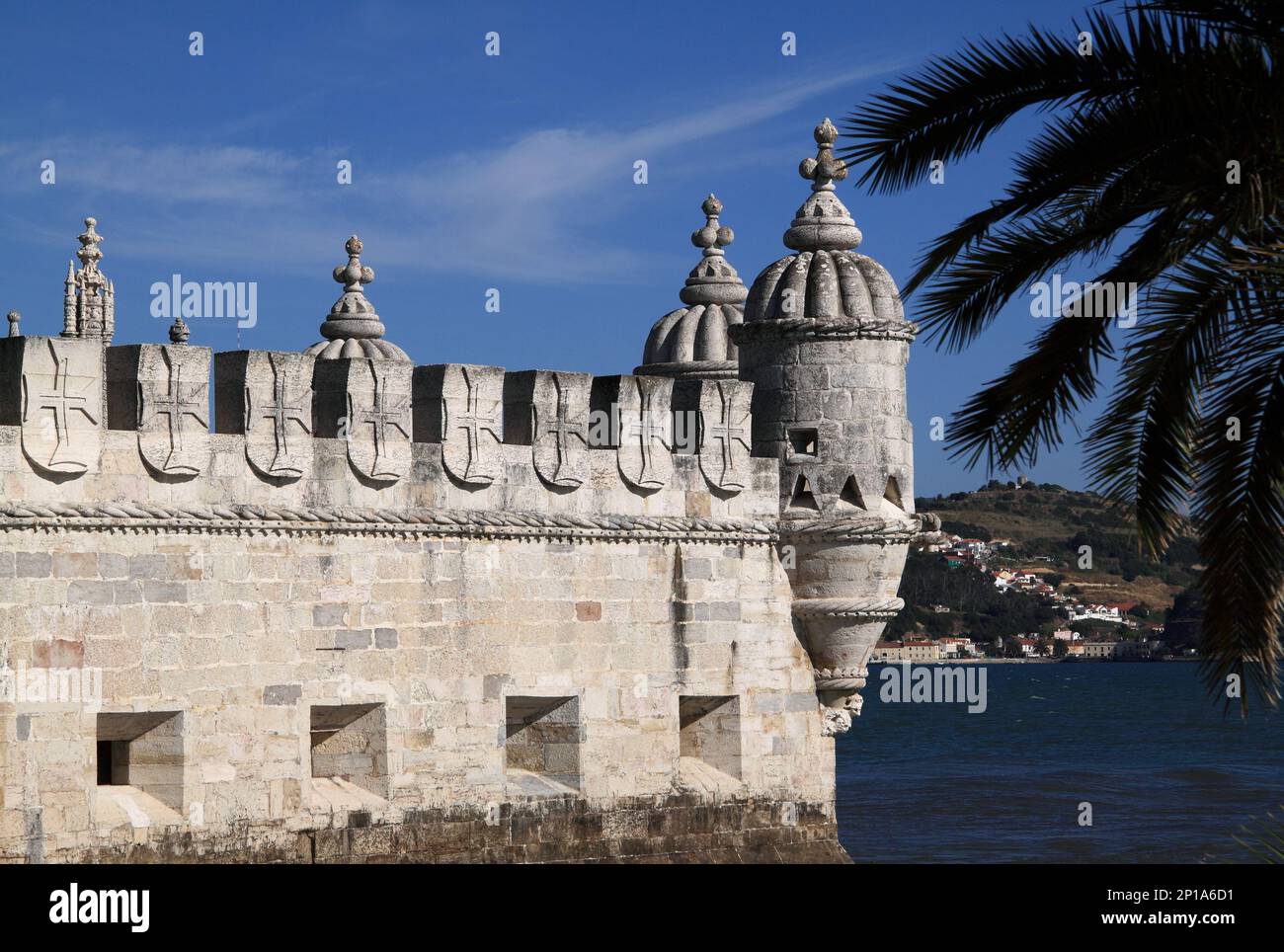 Portugal, Lisbon, Belem District - Tower of Belem Monument from the time of the Portuguese voyages of Discovery - overlooking the River Tagus or Tejo Stock Photo