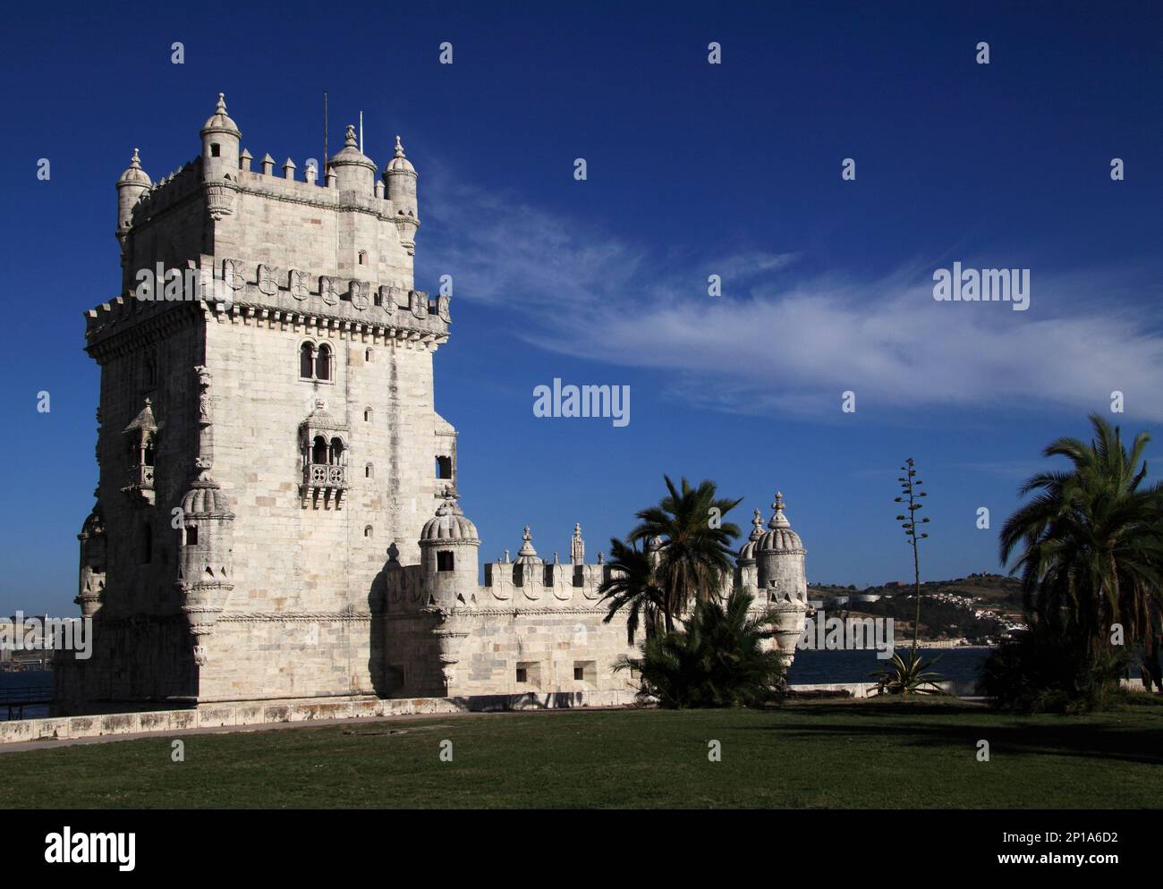 Portugal, Lisbon, Belem District - Tower of Belem Monument from the time of the Portuguese voyages of Discovery - overlooking the River Tagus or Tejo Stock Photo