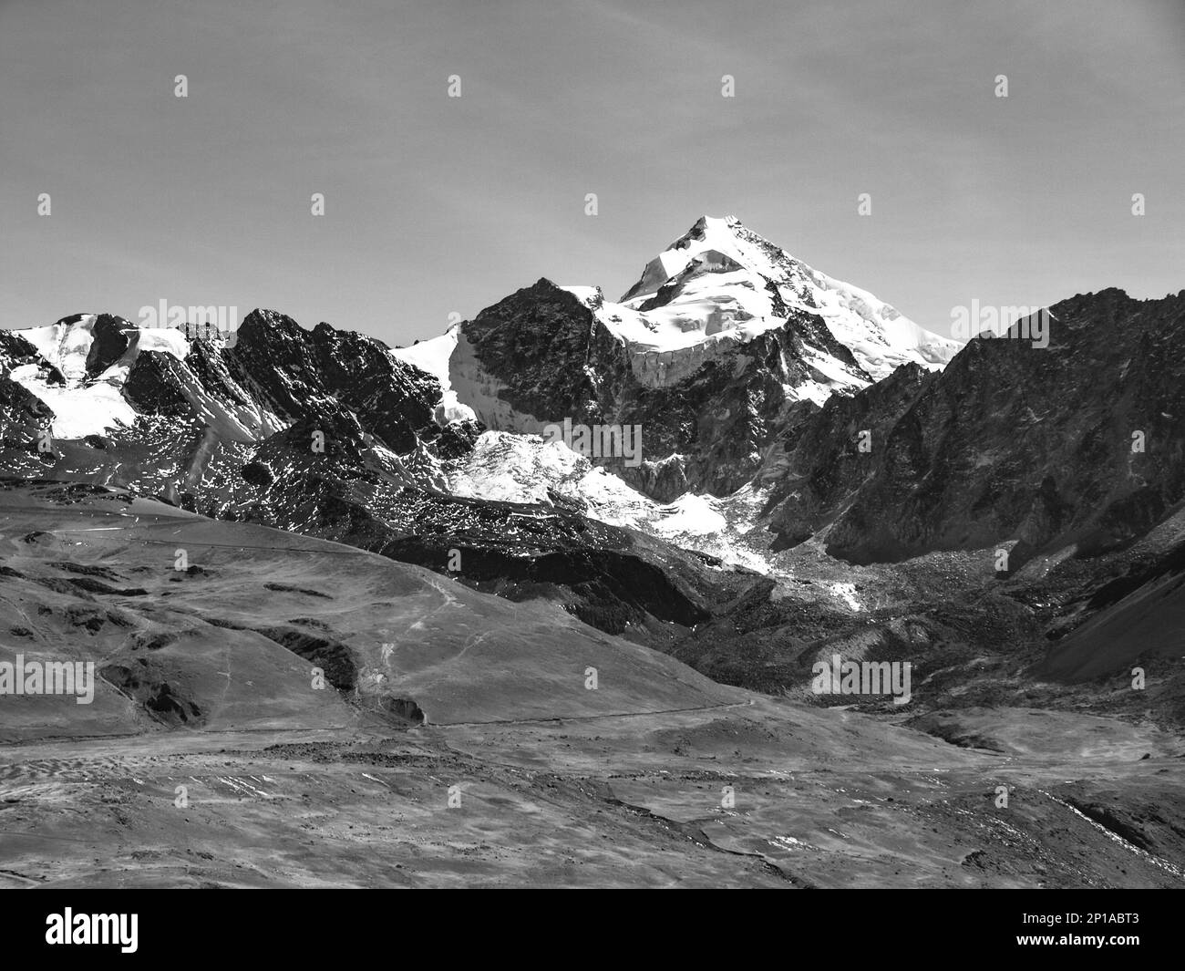 View of Huayna Potosi mountain in Cordillera Real near La Paz, Bolivia. Black and white image. Stock Photo