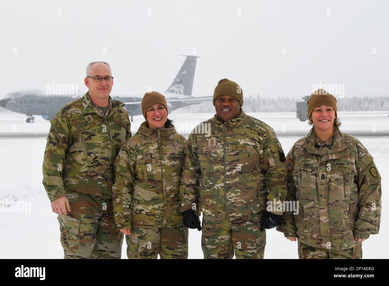Senior Enlisted Advisor Tony Whitehead visited the Alaska Air National Guard at Eielson Air Force Base, February 2, 2023, where he was briefed on the mission of the 168th Wing. During the visit, the 168th Wing Command Chief Master Sgt. Jeffrey Ling, State Command Chief Kim Groat, SEA Whitehead, and Command Sgt. Maj. Julie Small, enlisted leader of the Alaska National Guard, pose for a photo in front of the 168th Wing KC-135s on a snowy Alaska day as they discussed arctic operations. SEA Whitehead serves as the Senior Enlisted Advisor to the Chief of the National Guard Bureau. Stock Photo