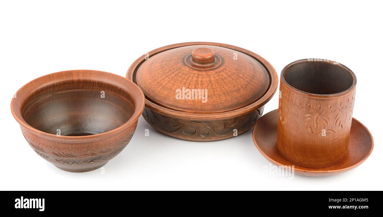 Collection clay utensils isolated on white background Stock Photo Alamy