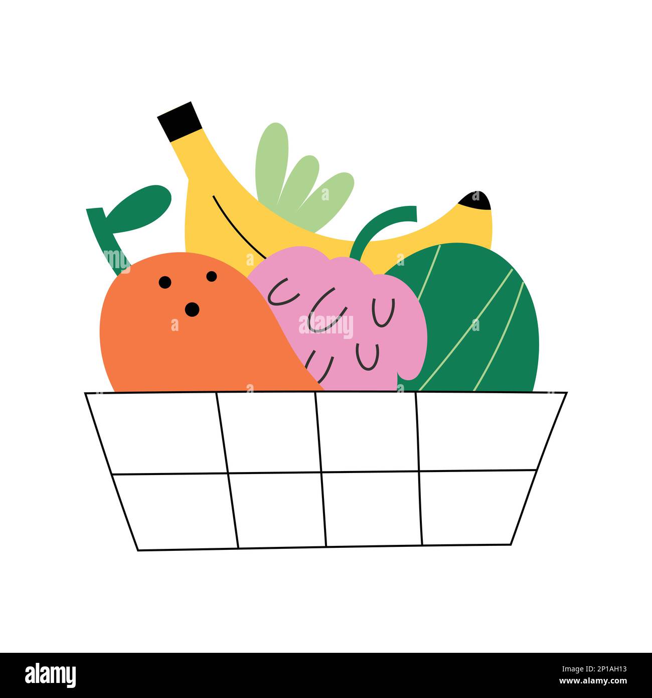 Grocery shopping cart full of various fruits, mango, banana and