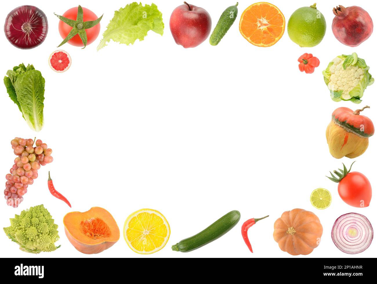 Frame fresh fruits, vegetables and berries isolated on white background. Free space for text. Stock Photo