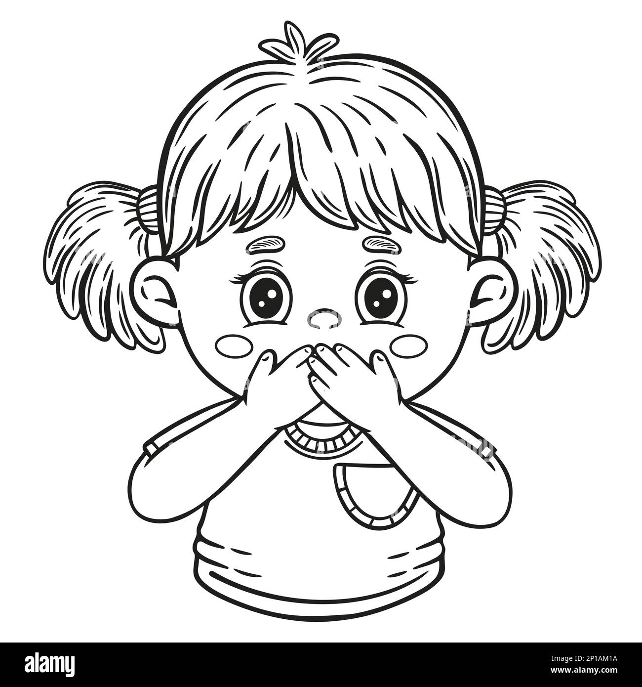 Surprised child girl close mouth with hand, stop talk, silence gesture line icon. Fear, shock emotion. Kids hiccup, nausea. Keep secret, quiet. Vector Stock Vector