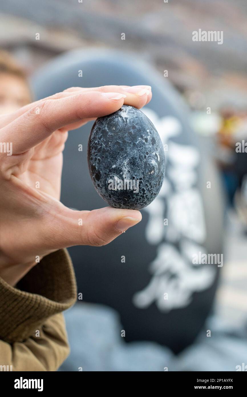 The famous black eggs of the Owakudani Valley in Hakone, Japan, an