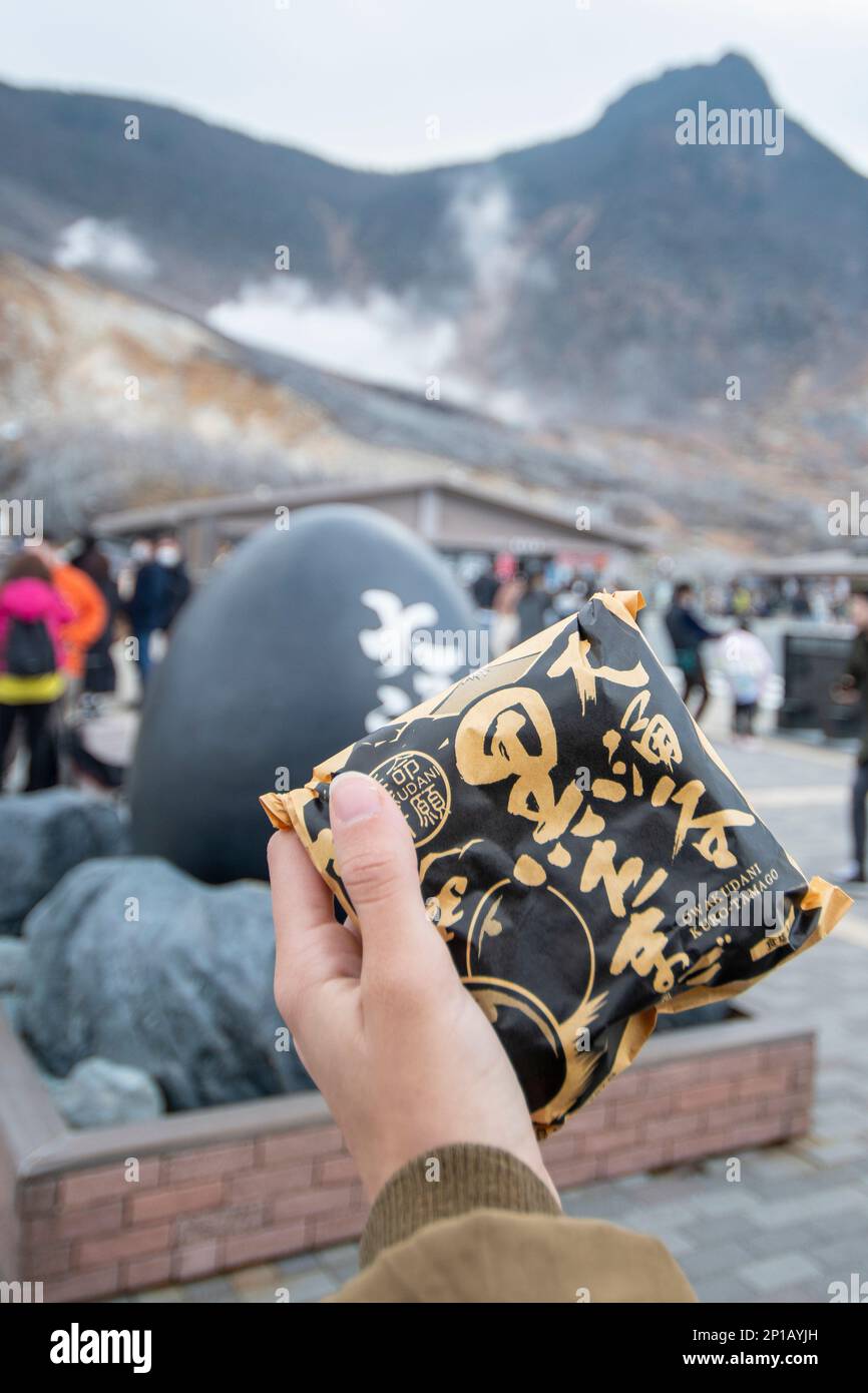 The famous black eggs of the Owakudani Valley in Hakone, Japan, an