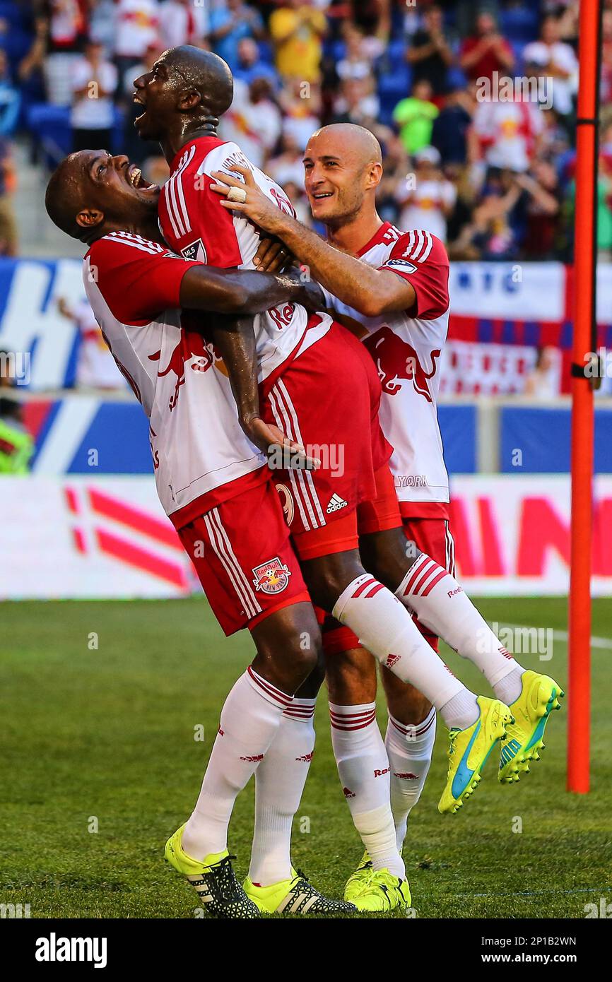 28 MAY 2016: New York Red Bulls forward Bradley Wright-Phillips (99)  celebrates with New York Red Bulls d Ronald Zubar (23) and New York Red  Bulls defender Aurelien Collin (78) after he