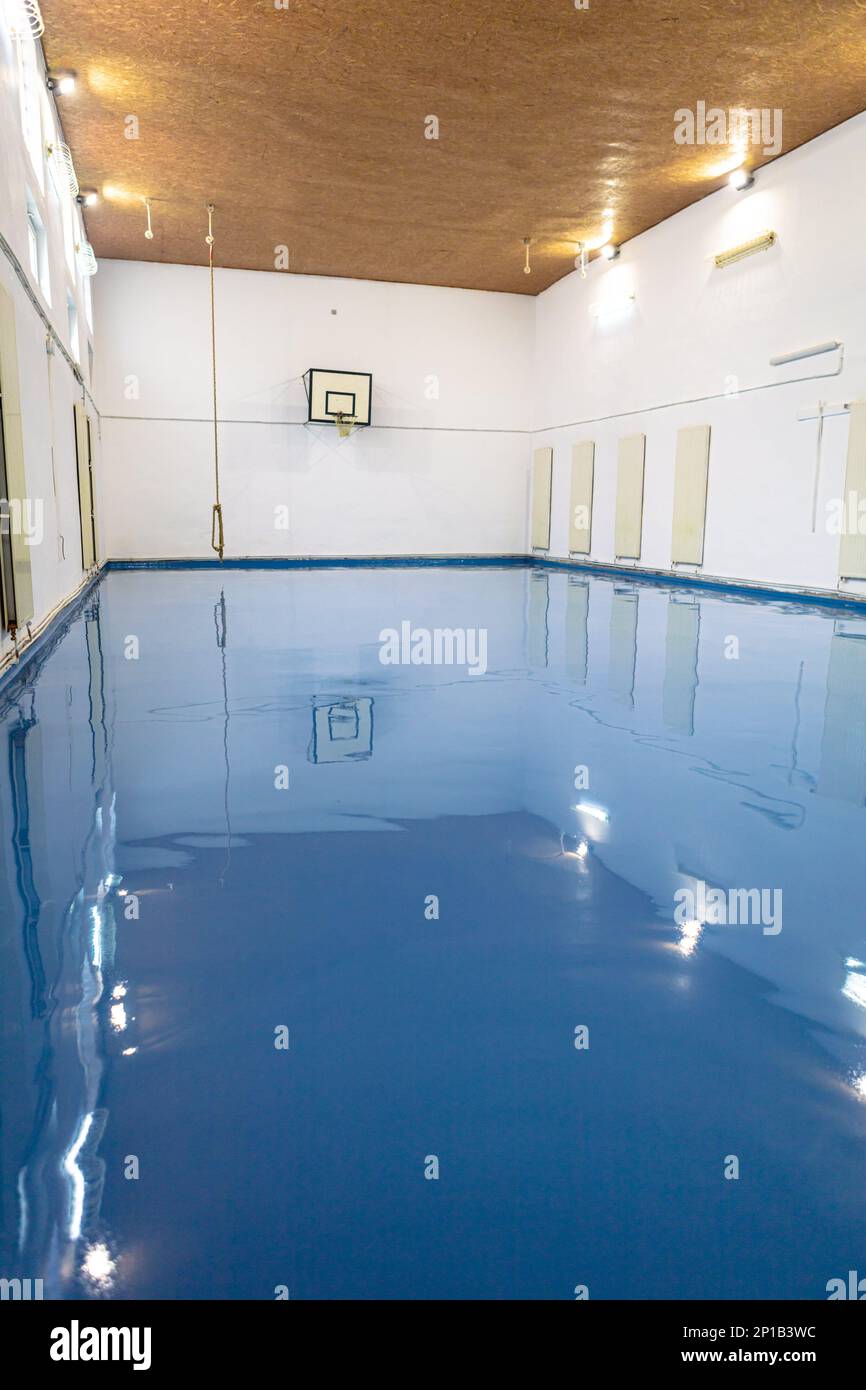 Self leveling blue epoxy floor in the gym Stock Photo Alamy