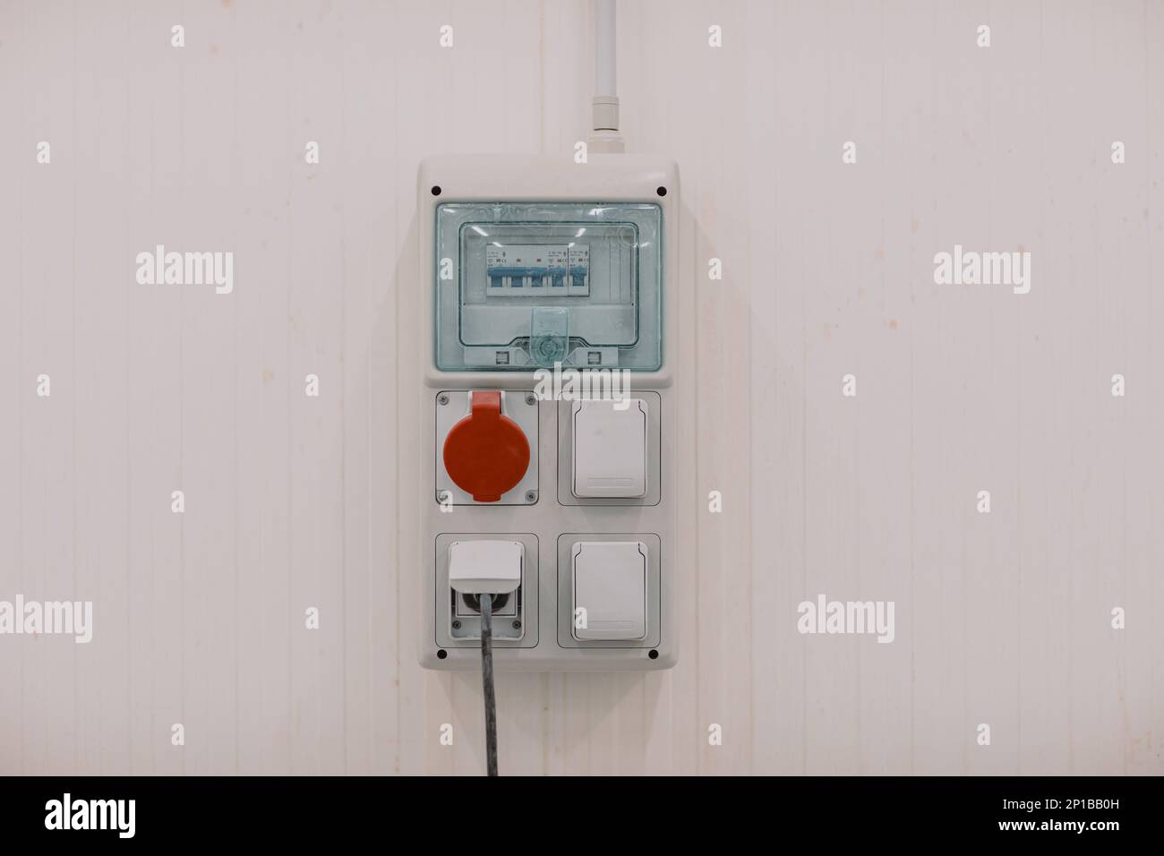 Industrial power outlets, electric plug in, at construction site Stock