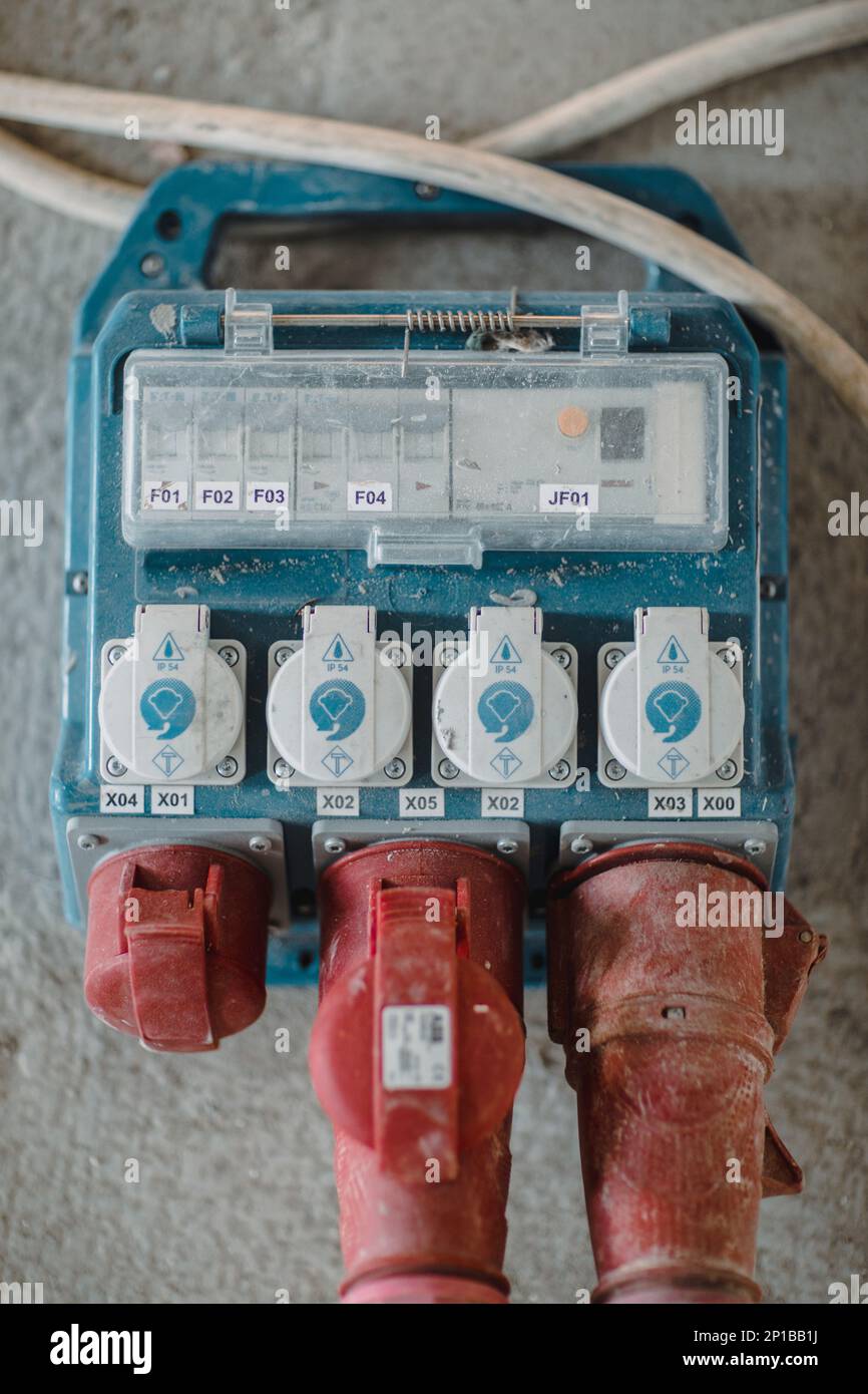 Industrial power outlets, electric plug in, at construction site Stock