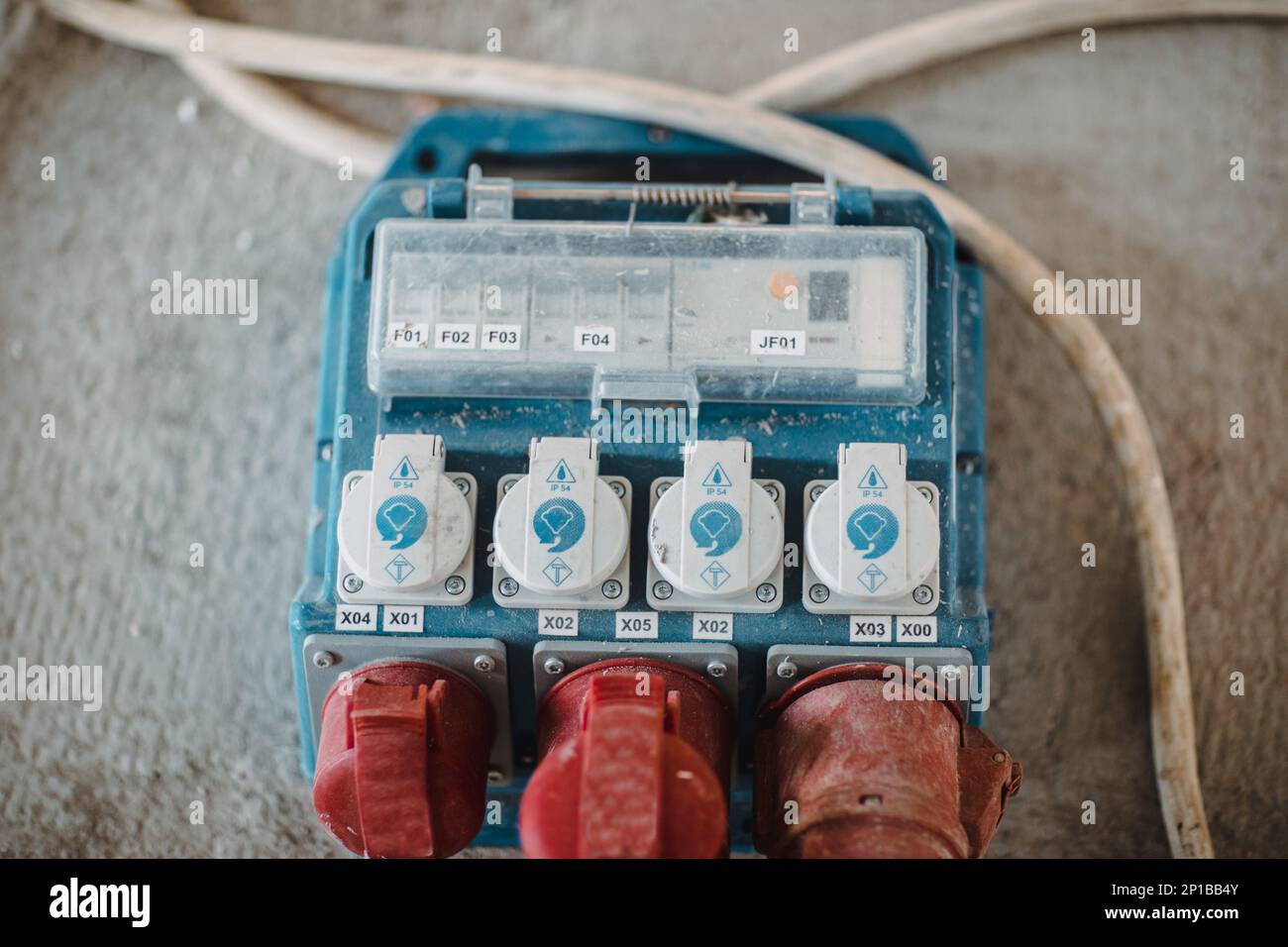 Industrial power outlets, electric plug in, at construction site Stock