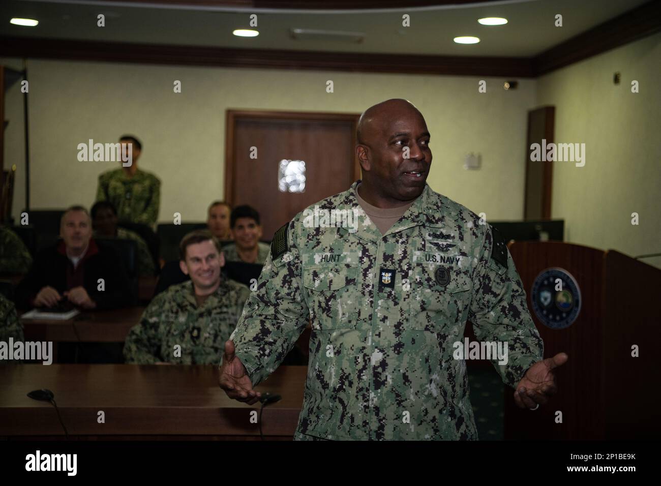 230209-N-DK722-1012 (Feb. 9, 2023) NAVAL SUPPORT ACTIVITY NAPLES, Italy – Navy Reserve Force Master Chief Petty Officer Tracy L. Hunt delivers remarks during a Naval Reserve all-hands call at the U.S. Naval Forces Europe and Africa and U.S. Sixth Fleet (NAVEUR/NAVAF/SIXHFLT) headquarters, Feb. 9, 2023. NAVEUR-NAVAF operates U.S. naval forces in the U.S. European Command (USEUCOM) and U.S. Africa Command (USAFRICOM) areas of responsibility. U.S. Sixth Fleet is permanently assigned to NAVEUR-NAVAF, and employs maritime forces through the full spectrum of joint and naval operations. Stock Photo