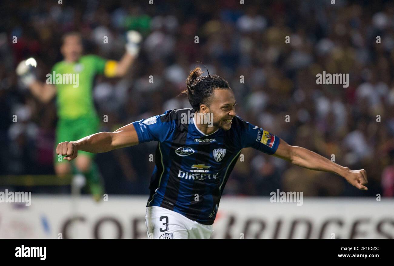 Arturo Mina, celebrates after scoring the victory goal against Mexico's  Pumas during a Copa Libertadores quarter final soccer match in Mexico City,  Tuesday, May 24, 2016. Independiente del Valle won on a