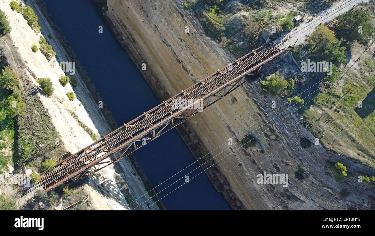 The disused bridge for the narrow (1 mtr) gauge railway across the Corinth Canal, Greece. The railway was replaced with a standard guage line in 2005 - Stock Image