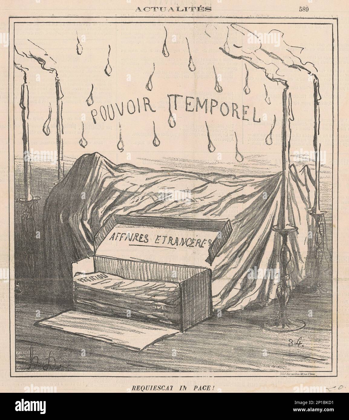 Requiescat in pace!, 19th century. Body lying under a sheet surrounded by candles. Temporal Power - Foreign Affairs - Petitions - Rest in Peace! Stock Photo