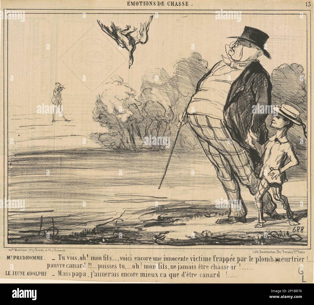 Mr Prudhomme. Tu vois, Oh! Mon fils ..., 19th century. Hunting. Monsieur Prudhomme: Look, my son, yet another innocent victim hit by the murderous lead! Poor duck! Oh son, never be a huntsman. Young Adolphe: But father, I would much rather that than be a duck! Stock Photo
