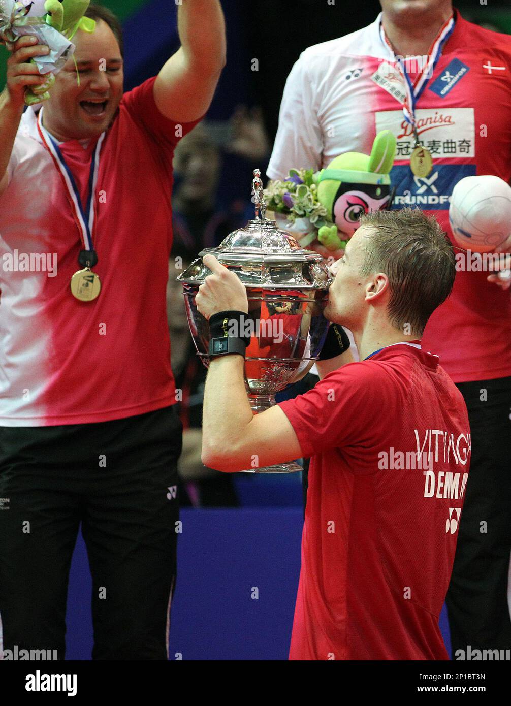 Badminton players of Denmark celebrate during the award ceremony after defeating Indonesia to win the BWF Thomas Cup 2016 in Kunshan city, east Chinas Jiangsu province, 21 May 2016.Denmark beat Indonesia 3-2