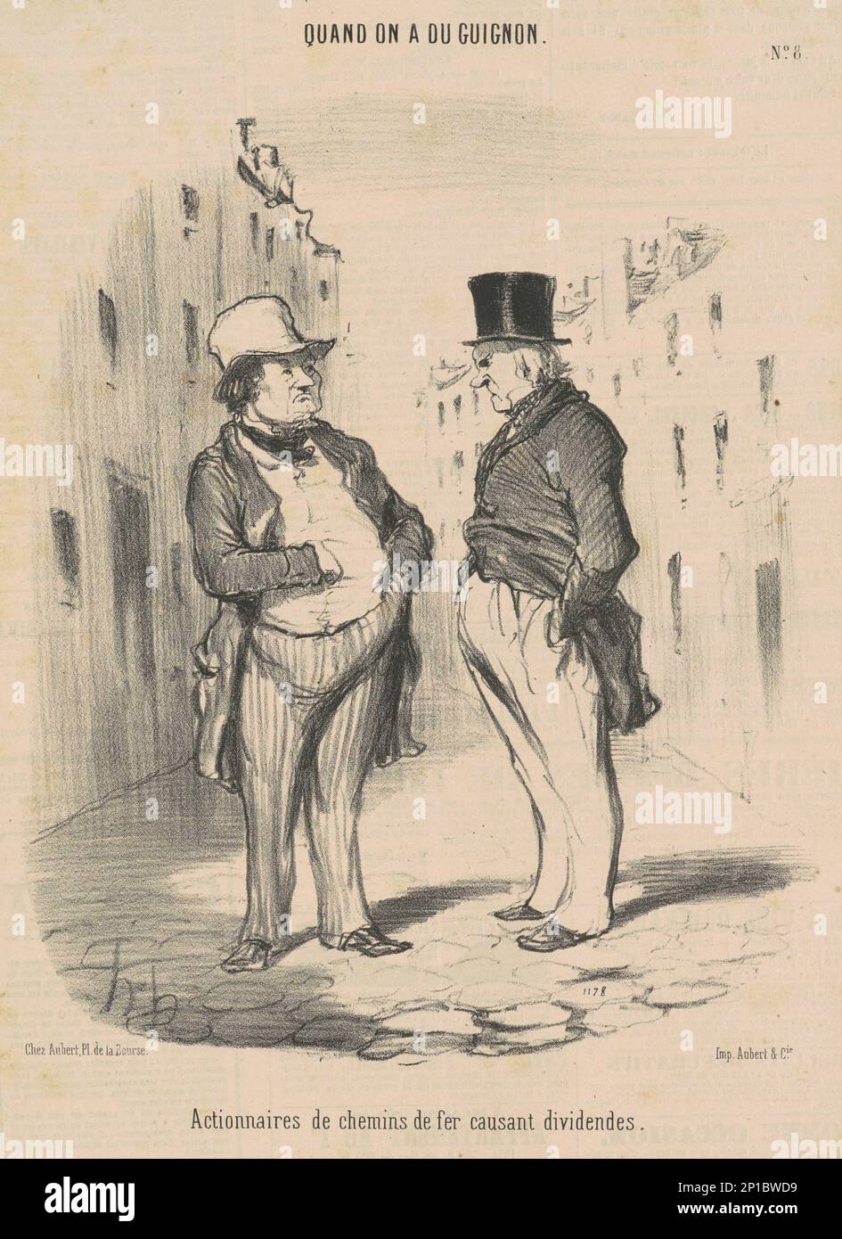 Actionnaires de chemins de fer causant dividendes, 19th century. When one has bad luck. Railway shareholders discussing dividends. Stock Photo