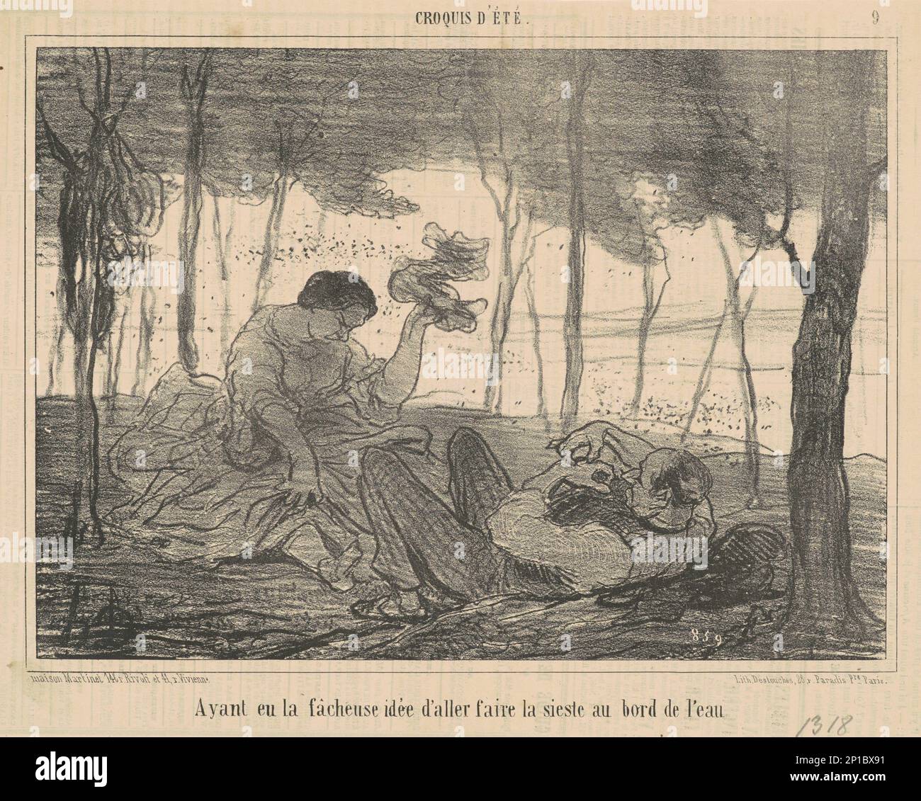 Ayant eu la facheuse id&#xe9;e d'aller faire la sieste au bord de l'eau, 19th century. Summer. (Couple irritated by biting insects). Bad idea to go and have a siesta by the water. Stock Photo