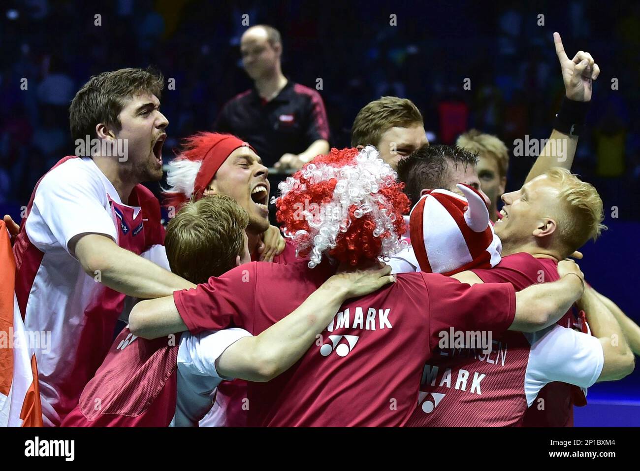 Denmark players celebrate after defeating Indonesia in their mens final group match in the Thomas Cup badminton tournament in Kunshan in east Chinas Jiangsu province, Sunday, May 22, 2016
