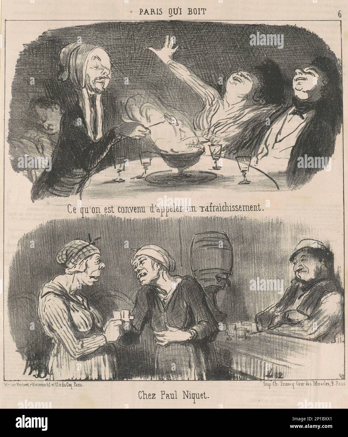 Ce qu'on est convenu d'appeler un rafraichissement, 19th century. Parisian drinkers. What one agrees to call a refreshment [man in bonnet with fondue, above]. At Paul Niquet's [women drinking in a bar, below]. Stock Photo