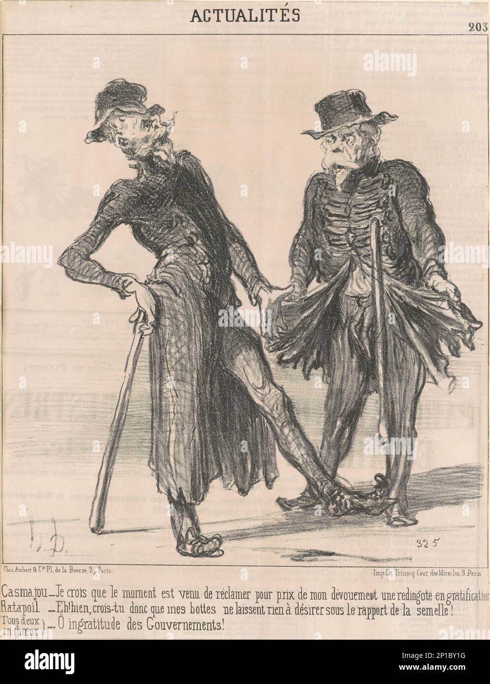 Casmajou [et] Ratapoil, 19th century. Casmajou: I think that the time has come to claim as the price for my devotion the reward of a frock-coat! Ratapoil: Well, now, do you think my boots leave nothing to be desired in connection with the sole! (Both, in chorus): Oh, the ingratitude of Governments! Stock Photo