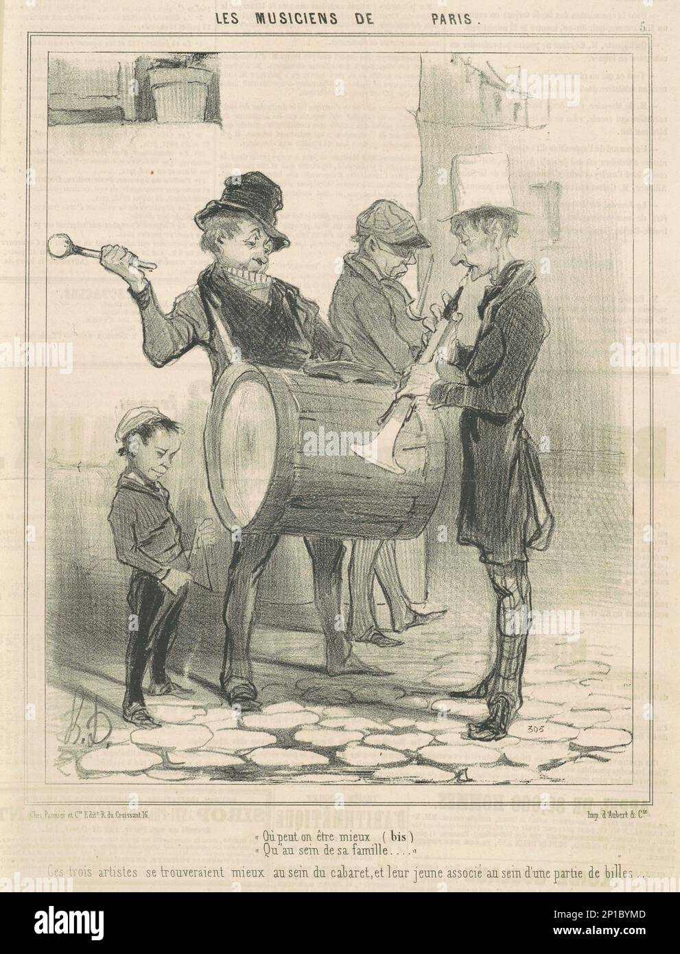 Ou peut on &#xea;tre mieux ..., 19th century. Musicians of Paris. O&#xf9; peut-on &#xea;tre mieux qu'au sein de sa famille? ['Where can one be better than in the bosom of one's family?' non-offical French national anthem]. These three artistes would do better in the music hall, and their young colleague should be playing marbles. Stock Photo