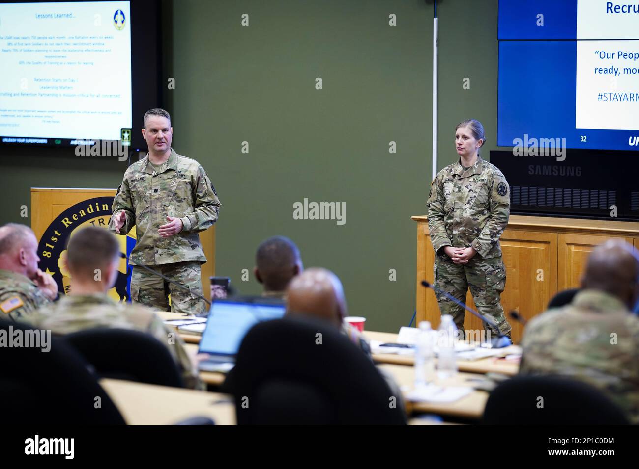 Leadership from the 4th Army Reserve Careers Group give a presentation during the Reserve Recruiting Partnership Council (R2PC) hosted by the Columbia Recruiting Battalion at the 81st Readiness Division headquarters today.     The purpose of the R2PC event was to establish a communication pathway between personnel at the Columbia Recruiting Battalion, Army Reserve unit commanders, Army Reserve Careers Group, and others.     All unit commanders, command sergeants major, first sergeants, unit training officers and administrators within the footprint of the Columbia Recruiting Battalion were enco Stock Photo